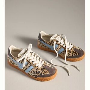 Gola Leopard Print Low-Top Sneakers with Blue Stripes and Gum Soles